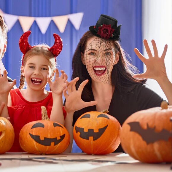 Mini Black Victorian Top Hat Satin Red Rose Veil Women Accessories - Picture 8 of 9